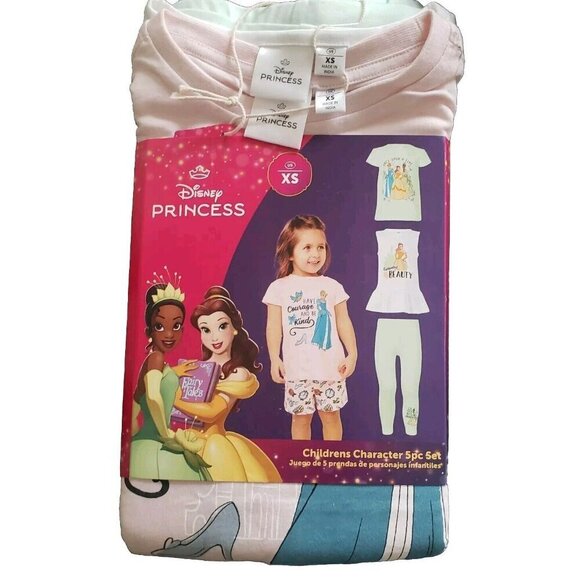 Disney Princess 5-Piece Set Cotton T-shirts Top Shorts Leggings Pink XS 4-5 - Picture 1 of 10